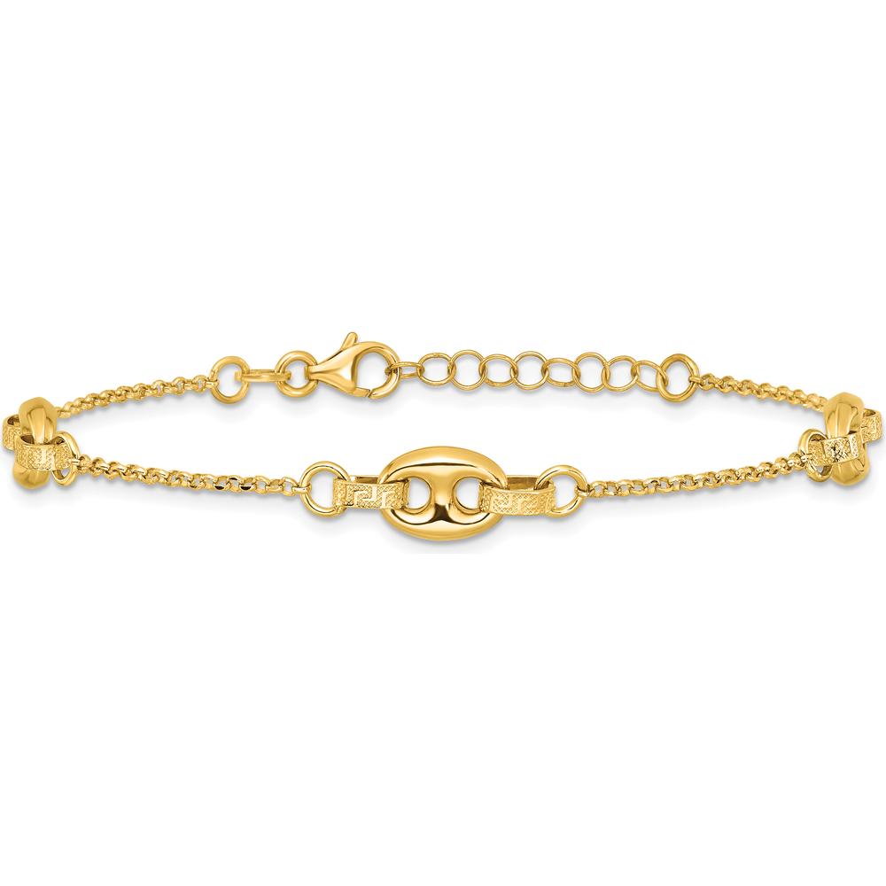 14K Yellow Gold Greek Key Etched Link Chain Bracelet with Lobster Clasp - 7.25" Length by 0
