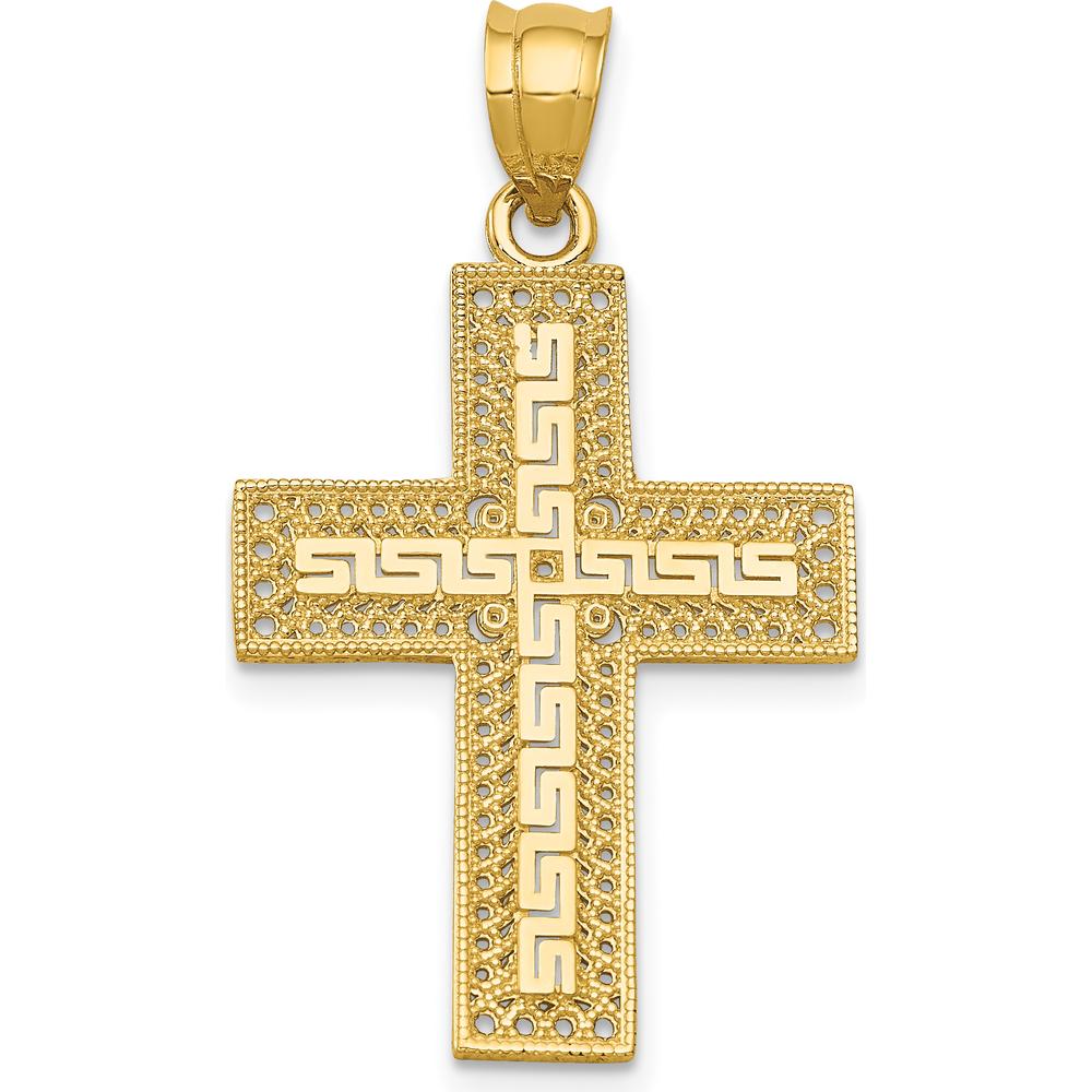 14K Yellow Gold Greek Key Filigree Cross Pendant - 33mm Length, 18mm Width by Oro Pregiato