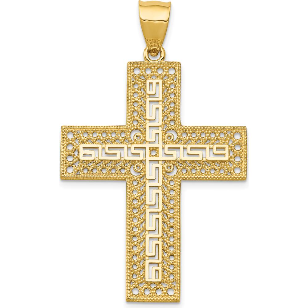 14K Yellow Gold Greek Key Filigree Cross Pendant - 47mm Length by Oro Pregiato