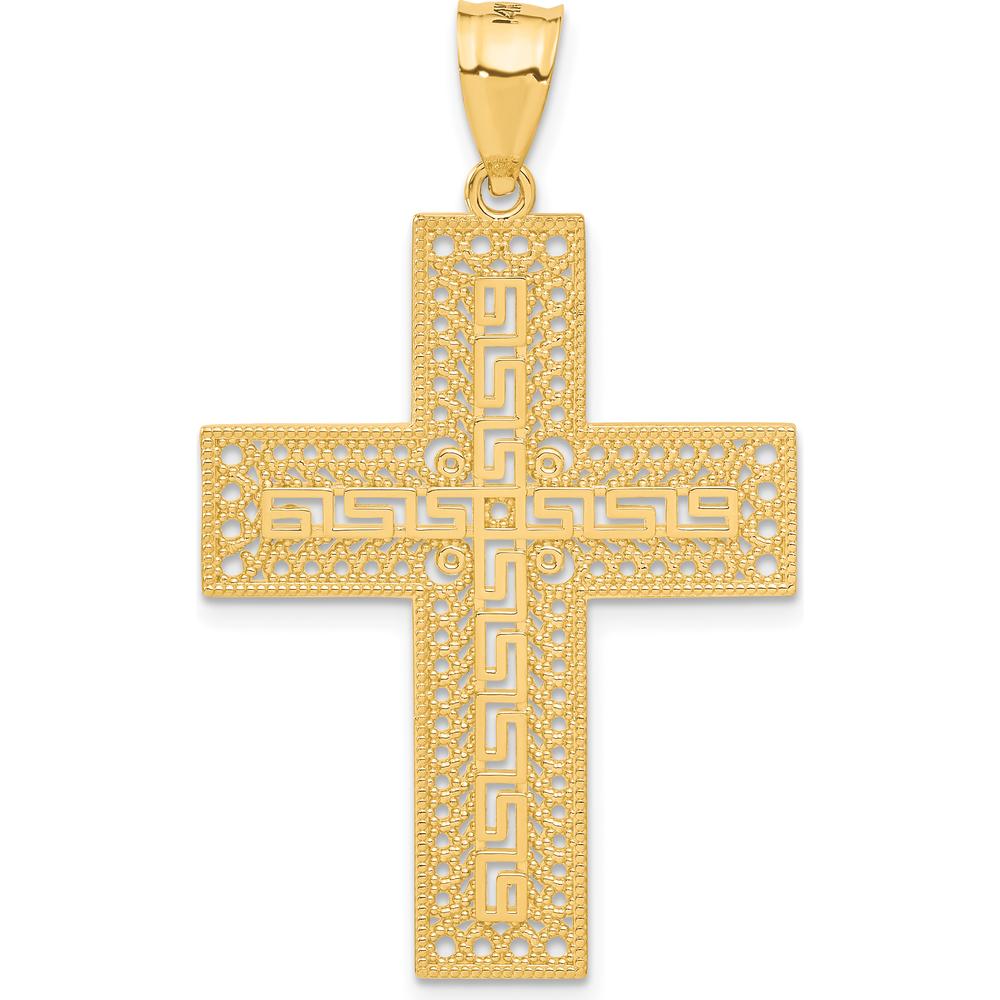 14K Yellow Gold Greek Key Filigree Cross Pendant - 47mm Length by Oro Pregiato