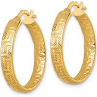 14K Yellow Gold Greek Key Textured 24mm Tube Hoop Earrings by 0