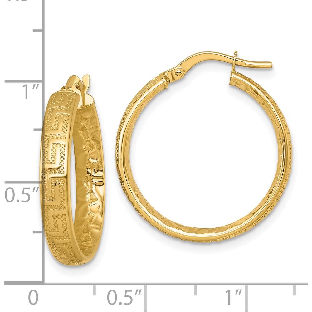 14K Yellow Gold Greek Key Textured 24mm Tube Hoop Earrings by 0