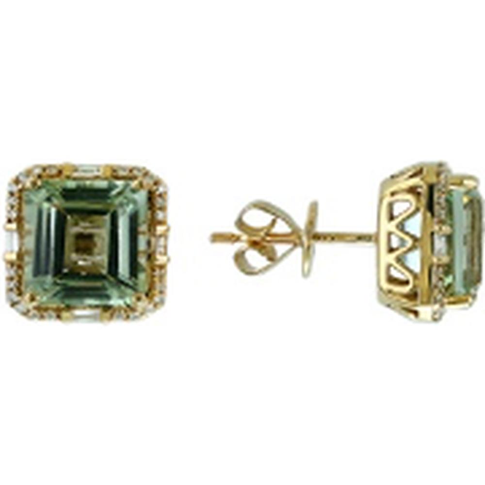 14K Yellow Gold Green Amethyst Cushion Cut Earrings with Diamond Halo - 6.08 Carats Total Green Amethyst Weight