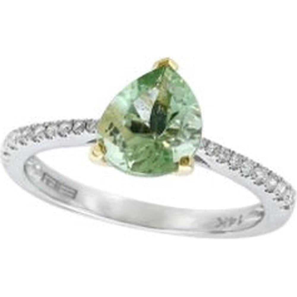 14K Yellow Gold Green Amethyst Pear Shaped Ring with Diamond Accents - 1.90 Carats Green Amethyst, 0.29 Carats Diamond Weight