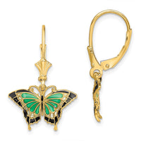14K Yellow Gold Green and Black Enamel Butterfly Leverback Drop Earrings by 0