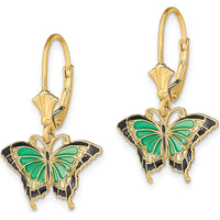 14K Yellow Gold Green and Black Enamel Butterfly Leverback Drop Earrings by 0