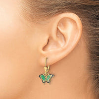 14K Yellow Gold Green and Black Enamel Butterfly Leverback Drop Earrings by 0