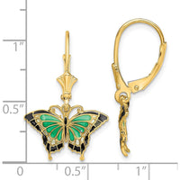 14K Yellow Gold Green and Black Enamel Butterfly Leverback Drop Earrings by 0
