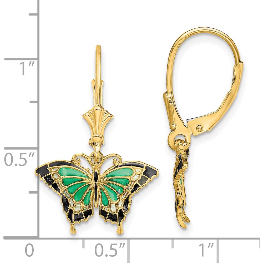 14K Yellow Gold Green and Black Enamel Butterfly Leverback Drop Earrings by 0