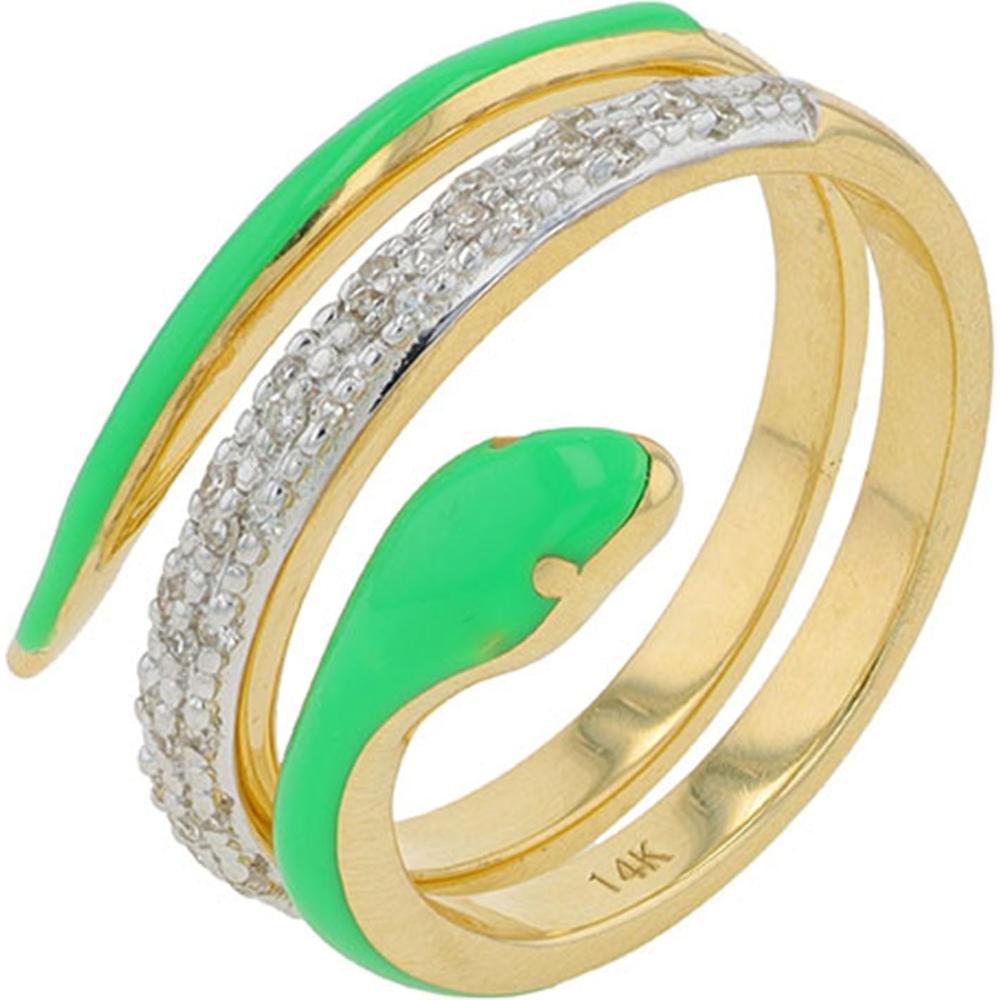 14K Yellow Gold Green Enamel & Diamond Snake Bypass Ring - 0.15 Carat Total Diamond Weight