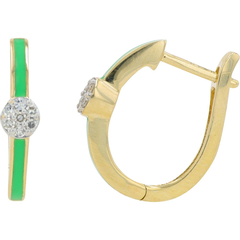 14K Yellow Gold Green Enamel Hoop Earrings with 0.10 Carat Total Diamond Weight