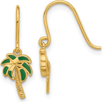 14K Yellow Gold Green Enamel Palm Tree Drop Earrings with French Wire Closure by Oro Pregiato