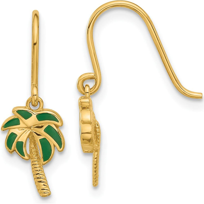 14K Yellow Gold Green Enamel Palm Tree Drop Earrings with French Wire Closure by Oro Pregiato