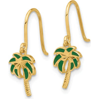 14K Yellow Gold Green Enamel Palm Tree Drop Earrings with French Wire Closure by Oro Pregiato