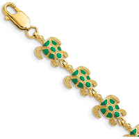 14K Yellow Gold Green Enamel Sea Turtle 7" Bracelet - 12 Turtles with Lobster Clasp by Oro Pregiato