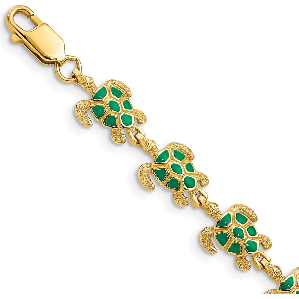 14K Yellow Gold Green Enamel Sea Turtle 7" Bracelet - 12 Turtles with Lobster Clasp by Oro Pregiato