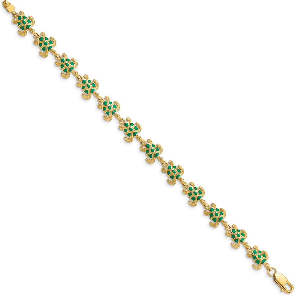 14K Yellow Gold Green Enamel Sea Turtle 7" Bracelet - 12 Turtles with Lobster Clasp by Oro Pregiato