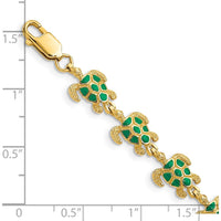 14K Yellow Gold Green Enamel Sea Turtle 7" Bracelet - 12 Turtles with Lobster Clasp by Oro Pregiato