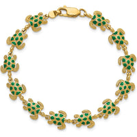 14K Yellow Gold Green Enamel Sea Turtle 7" Bracelet - 12 Turtles with Lobster Clasp by Oro Pregiato