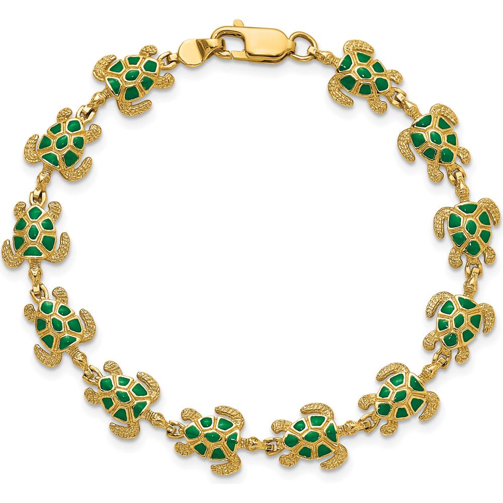 14K Yellow Gold Green Enamel Sea Turtle 7" Bracelet - 12 Turtles with Lobster Clasp by Oro Pregiato