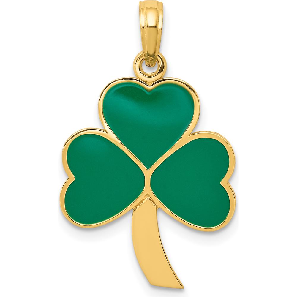 14K Yellow Gold Green Enamel Shamrock Pendant with Textured Back - 30mm Length by Oro Pregiato