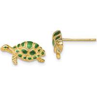 14K Yellow Gold Green Enamel Turtle Post Earrings - 7mm by 0