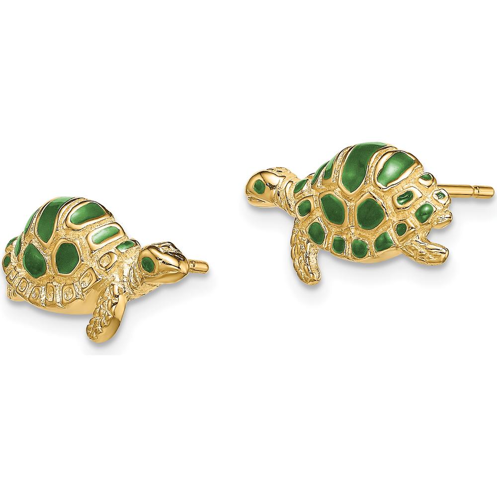 14K Yellow Gold Green Enamel Turtle Post Earrings - 7mm by 0