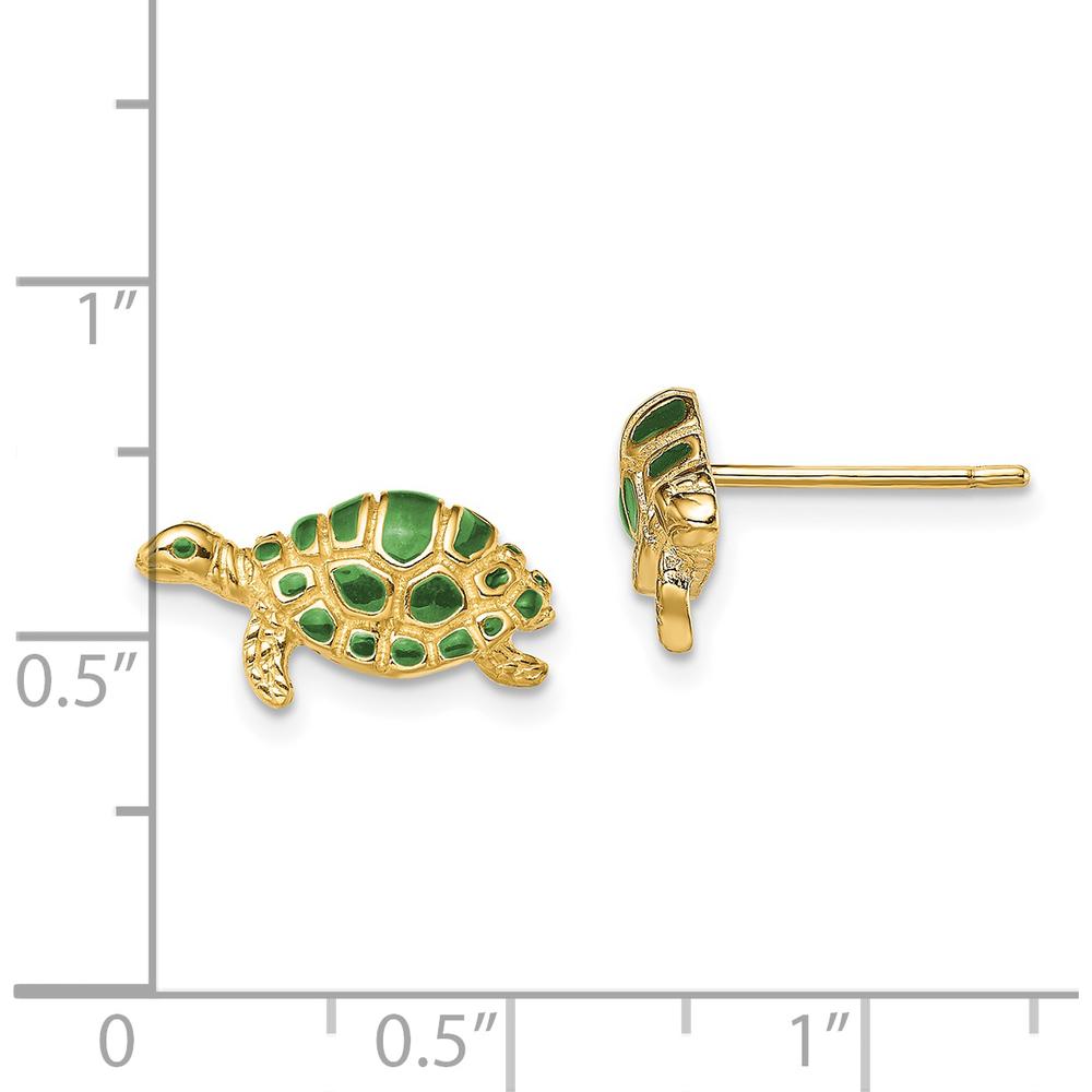 14K Yellow Gold Green Enamel Turtle Post Earrings - 7mm by 0