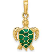 14K Yellow Gold Green Enameled Sea Turtle Pendant - Ocean Inspired Charm by Oro Pregiato
