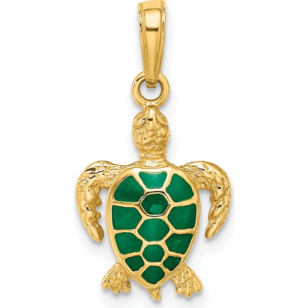 14K Yellow Gold Green Enameled Sea Turtle Pendant - Ocean Inspired Charm by Oro Pregiato