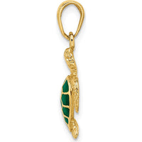 14K Yellow Gold Green Enameled Sea Turtle Pendant - Ocean Inspired Charm by Oro Pregiato
