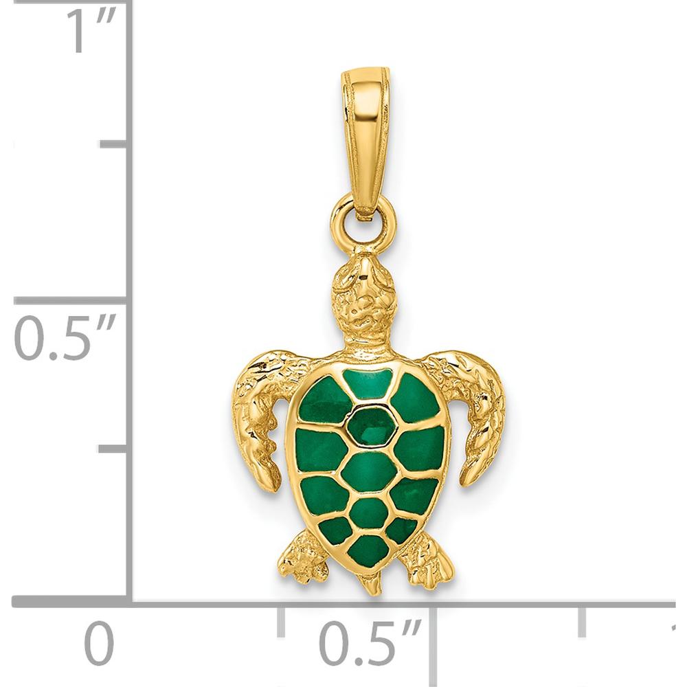 14K Yellow Gold Green Enameled Sea Turtle Pendant - Ocean Inspired Charm by Oro Pregiato