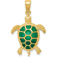 14K Yellow Gold Green Enameled Sea Turtle Pendant with Textured Finish by Oro Pregiato