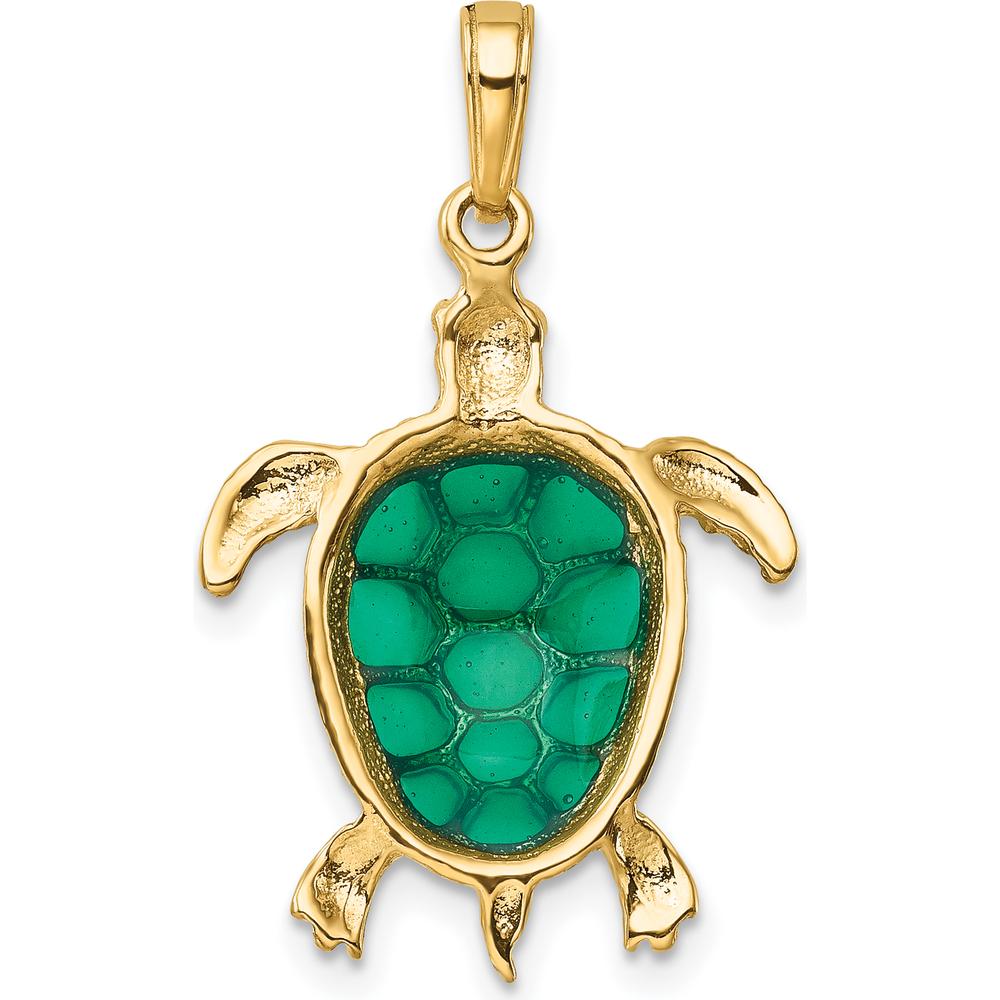 14K Yellow Gold Green Enameled Sea Turtle Pendant with Textured Finish by Oro Pregiato