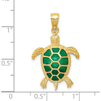 14K Yellow Gold Green Enameled Sea Turtle Pendant with Textured Finish by Oro Pregiato