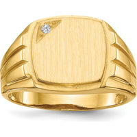14K Yellow Gold Grooved Signet Ring with 1 Round Diamond - 0.017 Carat Total Diamond Weight by 0