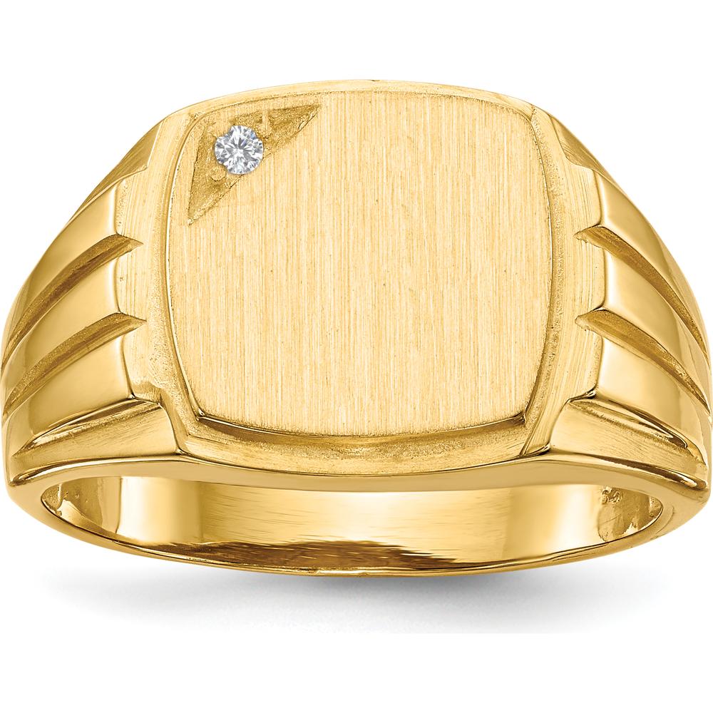 14K Yellow Gold Grooved Signet Ring with 1 Round Diamond - 0.017 Carat Total Diamond Weight by 0
