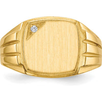 14K Yellow Gold Grooved Signet Ring with 1 Round Diamond - 0.017 Carat Total Diamond Weight by 0