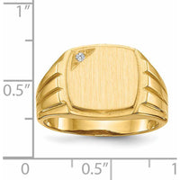 14K Yellow Gold Grooved Signet Ring with 1 Round Diamond - 0.017 Carat Total Diamond Weight by 0