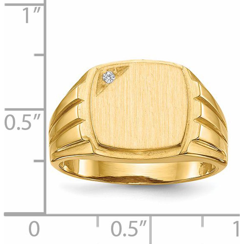 14K Yellow Gold Grooved Signet Ring with 1 Round Diamond - 0.017 Carat Total Diamond Weight by 0