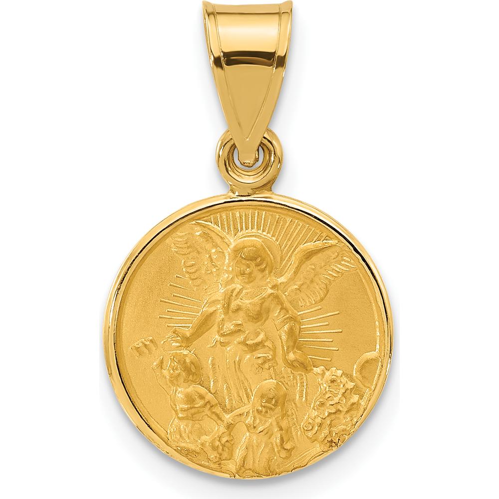 14K Yellow Gold Guardian Angel Medal Pendant with Satin and Polished Finish - Timeless Faith Jewelry by Oro Pregiato