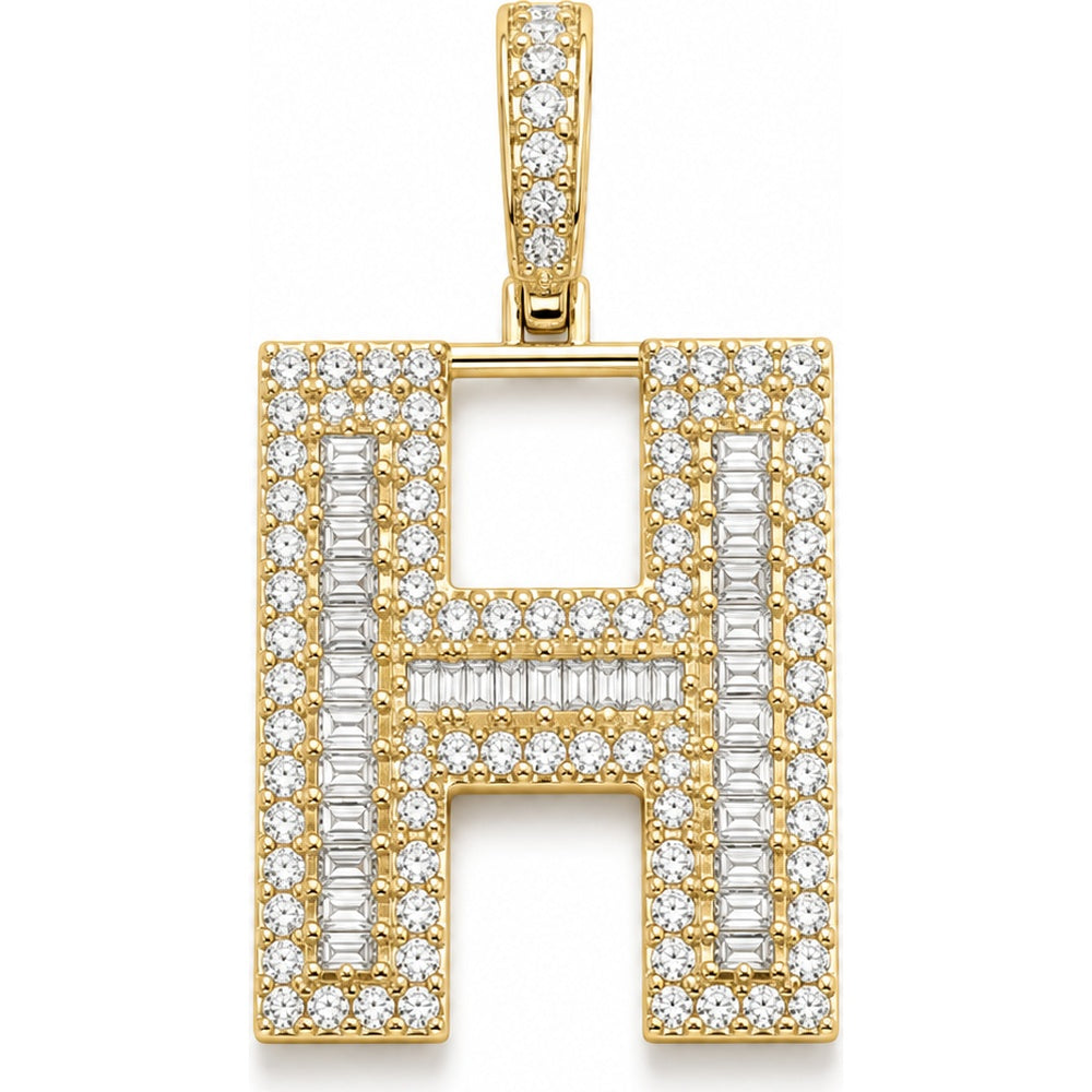 14K Yellow Gold 'H' Initial Pendant with Prong-Set Round and Channel-Set Baguette Diamonds - 1.67 Carat Total Diamond Weight by Auriventus