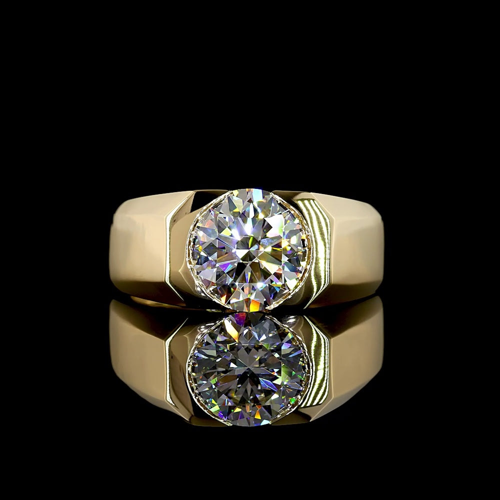14K Yellow Gold Half Bezel Set Round Lab Diamond Solitaire Ring - 2.89 Carat Total Weight E-F VS1 IGI Certified - Covaloro Fine Jewelry