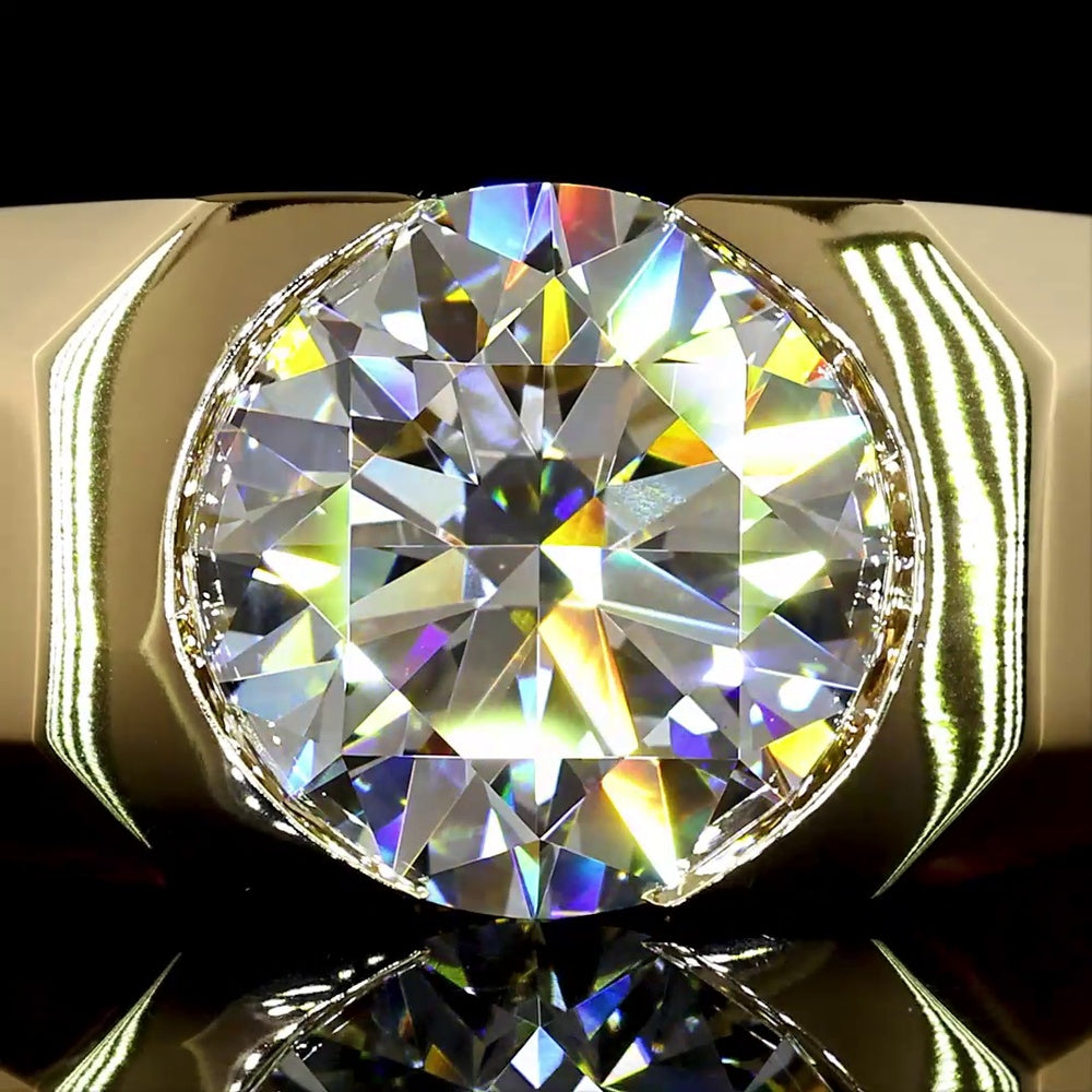 14K Yellow Gold Half Bezel Set Round Lab Diamond Solitaire Ring - 2.89 Carat Total Weight E-F VS1 IGI Certified - Covaloro Fine Jewelry