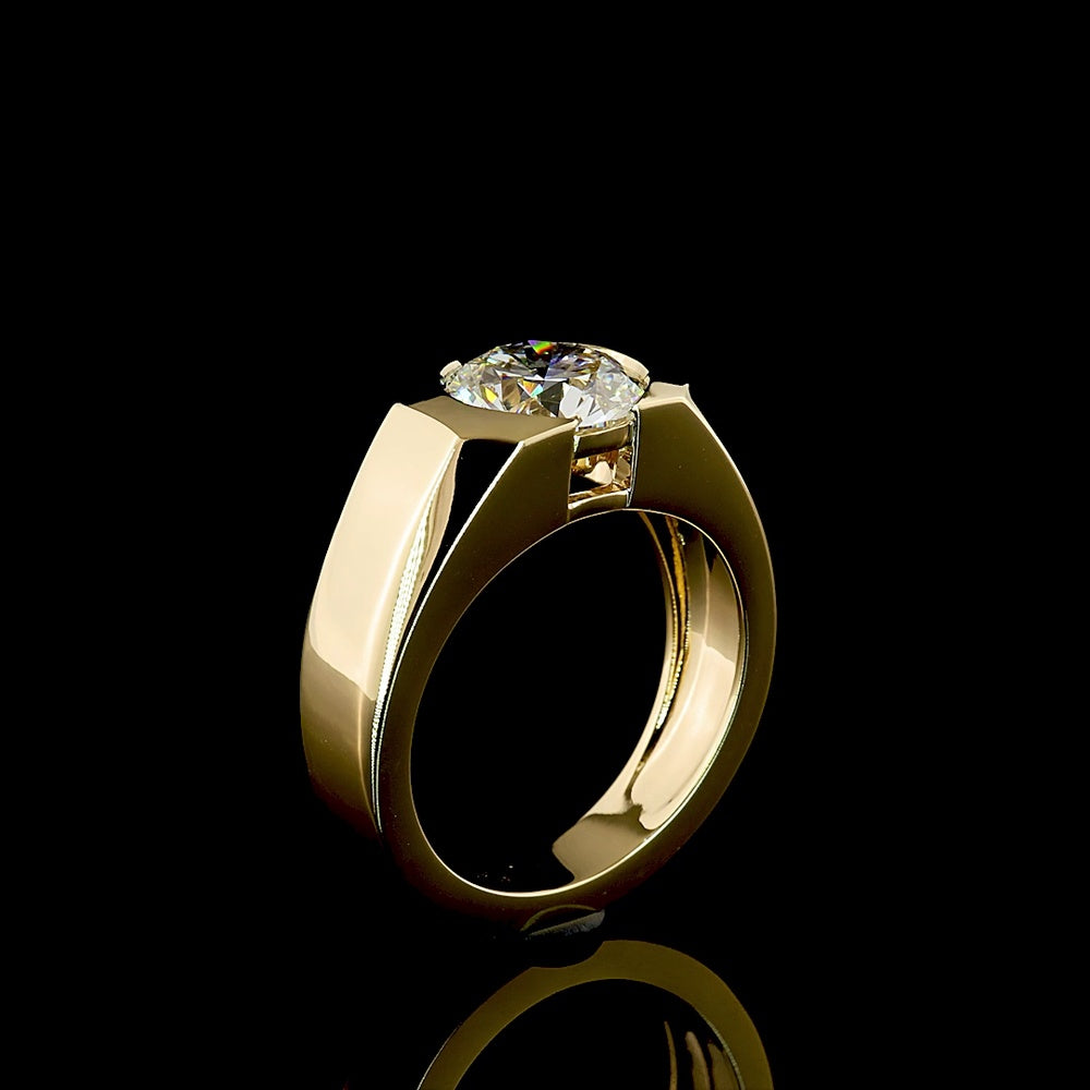 14K Yellow Gold Half Bezel Set Round Lab Diamond Solitaire Ring - 2.89 Carat Total Weight E-F VS1 IGI Certified - Covaloro Fine Jewelry