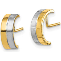 14K Yellow Gold Half Circle J-Hoop Post Earrings with Rhodium Accents - 10.8mm Length by 0