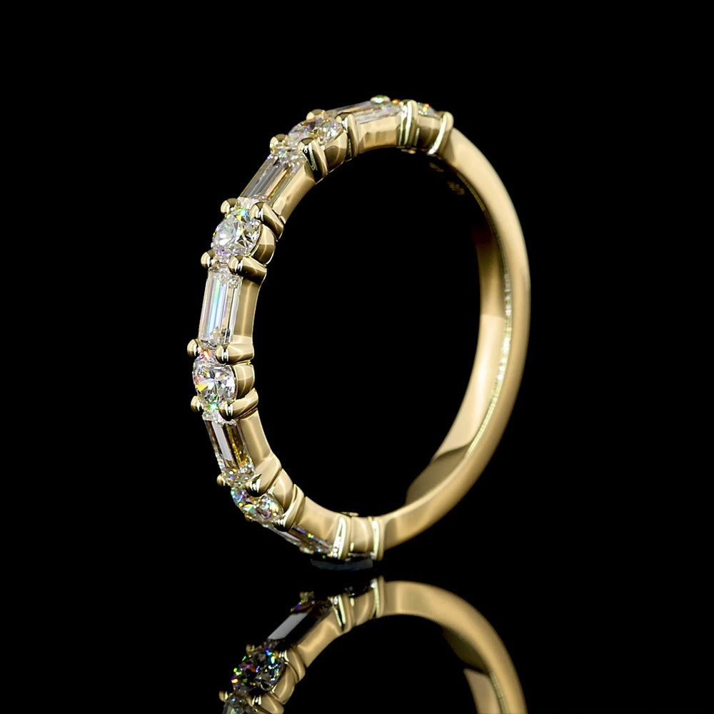 14K Yellow Gold Half Eternity Band with Alternating Baguette and Round Lab-Grown Diamonds - 0.93 Carats Total Diamond Weight - Covaloro Fine Jewelry