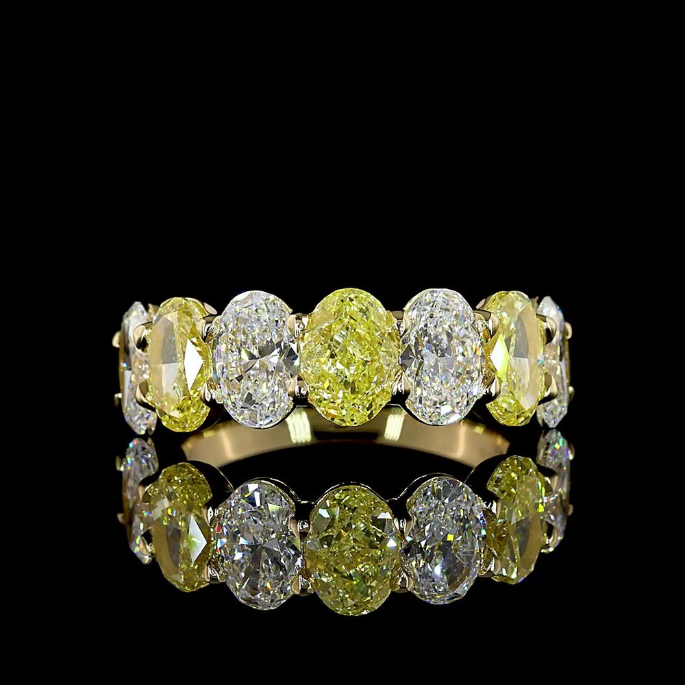 14K Yellow Gold Half Eternity Band with Alternating Oval Cut Fancy Yellow and White Lab Diamonds - 4.34 Carat Total Weight - Covaloro Fine Jewelry