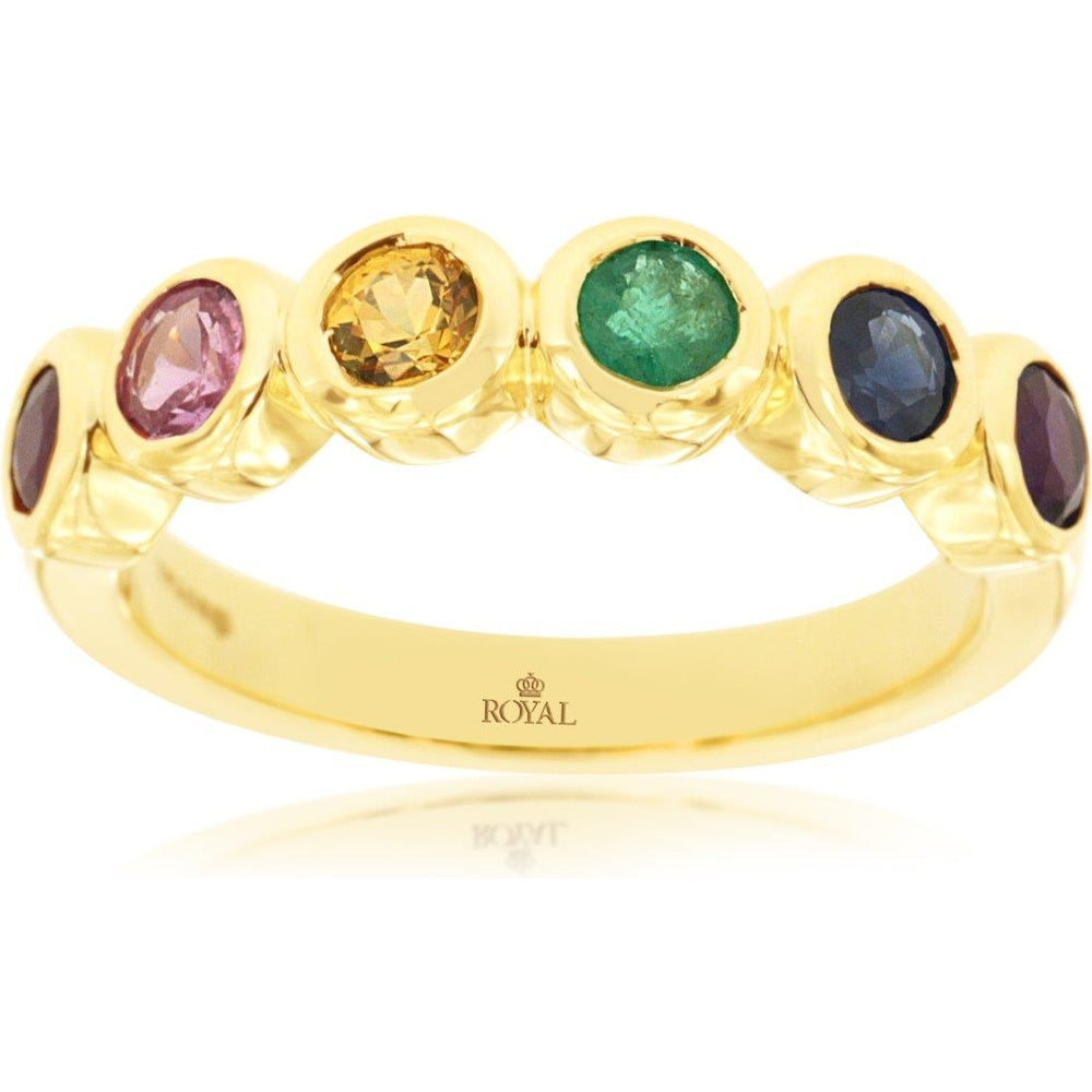 14K Yellow Gold Half Eternity Band with Bezel Set Oval Fancy Sapphires and Colorful Gemstones - 1.25 Carat Total Sapphire Weight - Royal Jewelry