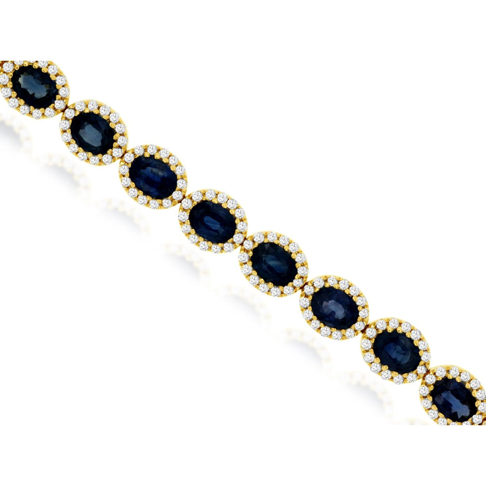 14K Yellow Gold Halo Bracelet with Oval Sapphires and Round Diamonds - 7.20 Carat Sapphire and 1.20 Carat Diamond Total Weight - Royal Jewelry